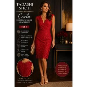 Tadashi Shoji Carla Lace Dress SZ8 Red Sheath Cocktail Spring Wedding Guest